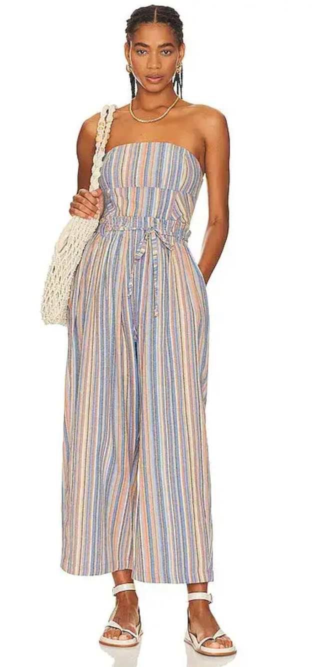 Free People Roaming Shores Strapless Striped Jumpsuit Size XL Cotton NWOT